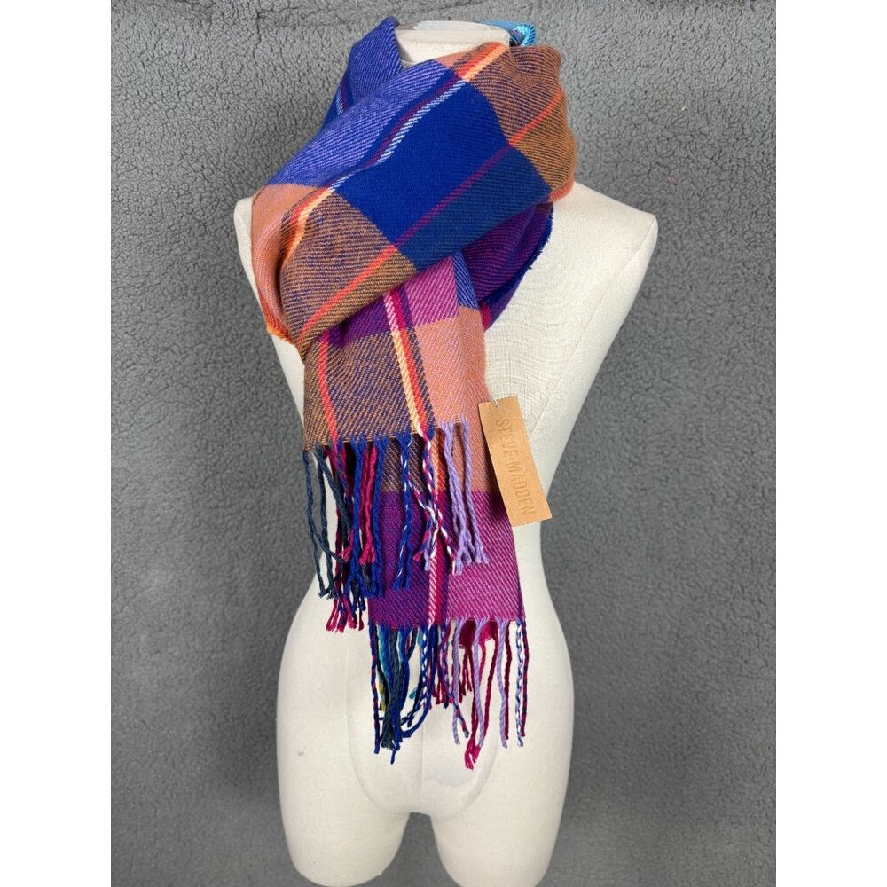 Steve Madden Rainbow Multicolor Plaid Scarf With Fringe OS New With Tag's